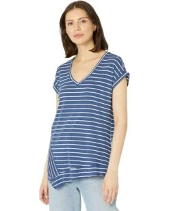 NIC+ZOE Striped Short Sleeve V-Neck Asymmetrical Tee