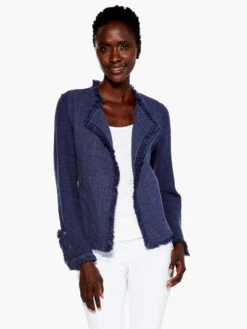 Fringe Mix Knit Jacket NAVY